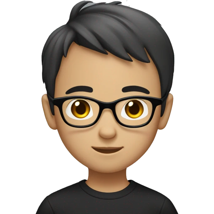 The young Chinese boy WITH black EYES smiled with short hair, black-rimmed glasses and a black T-shirt. emoji