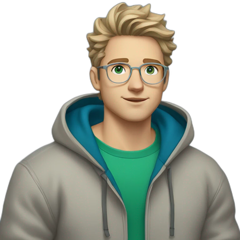 young white guy with wavy hair and a fade in light brown color and round silver color glasses with a grey hoodie on and blue green eyes emoji