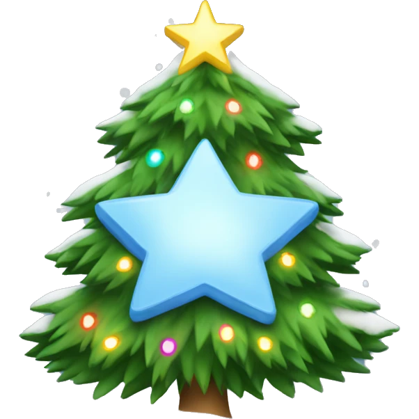 Snowy Christmas tree with lights around and star on top of tree emoji
