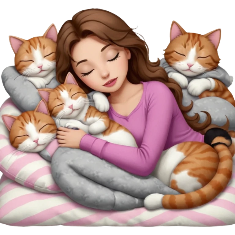 girl with long wavy brown hair, brown eyes, long lashes makeup, sexy pink lips, light to medium complexion,  sleeping on a cozy pillow, with 6 cats: 1 brown and white tabby cat, 1 ginger and white, 2 grey and white, 1 grey has white mittens and small white patch on its chest and 1 calico, sleeping emoji