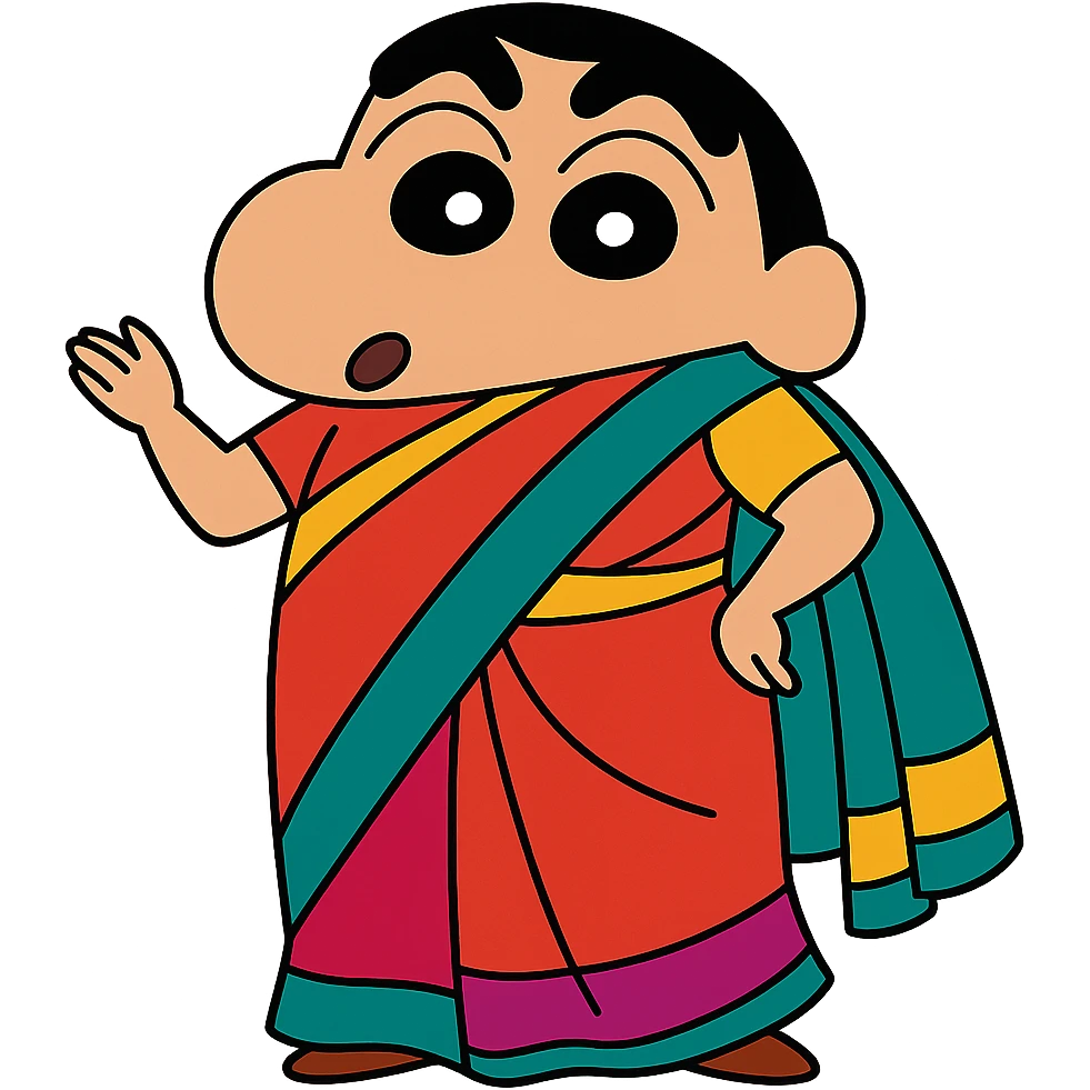 Shinchan character wearing a colorful saree, cartoon style emoji