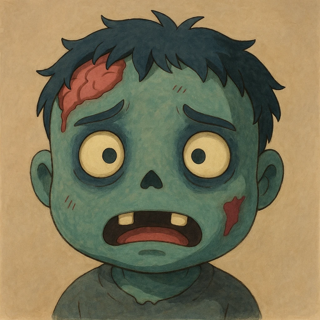 zombie face emoji, ghibli style, soft shading, cute and slightly creepy emoji