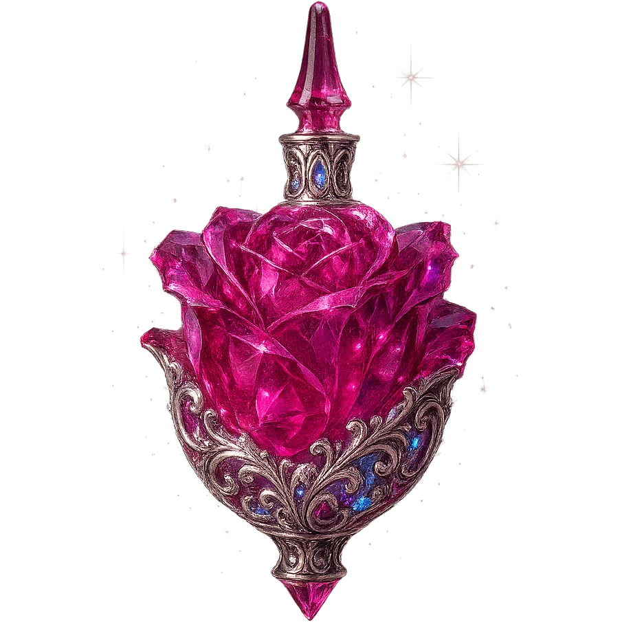 luxurious crystal elixir bottle in rose flower shape, deep pink color, ornate silver and iridescent details, maximum magical glowing and sparkling effects, very small neck, seamless bottom, bottle clearly floating in air, no base or shadow, modern, collection style emoji