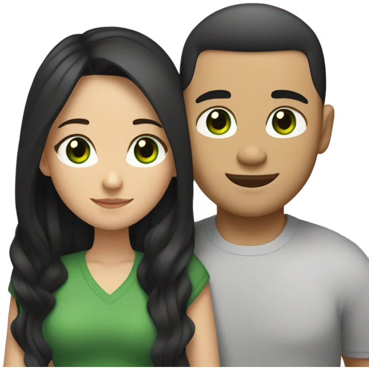 Light skin vietnamese man with straight black undercut hair and a white brunette woman with green eyes and long wavy hair tightly hugging each other  emoji