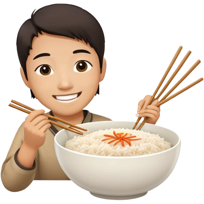 Asian person eating a bowl of rice smiling emoji