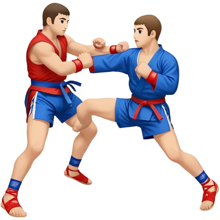 An icon symbolizing Sambo, featuring two fighters in blue and red kimonos with shorts and wrestling shoes. One executes a powerful throw, while the other attempts a defensive grab. The fighters are engaged in a grapple, using joint locks and sweeps.  emoji