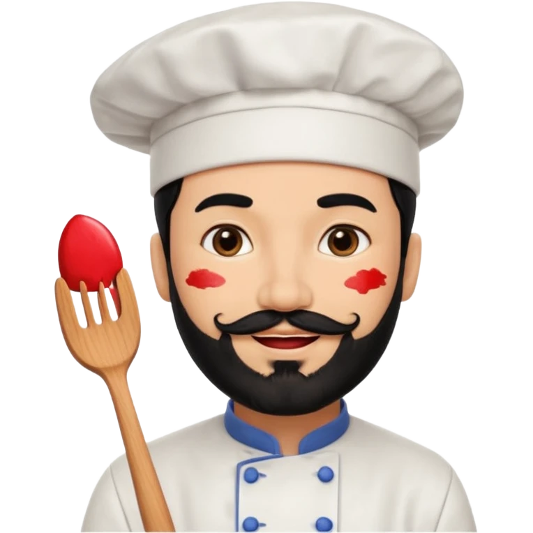 CHEF CON PELO NEGRO Y BARBA NEGRA, OJOS MARRON OSCURO. SONRIE Y TIENE MARCAS DE BESOS CON PINTALABIOS emoji