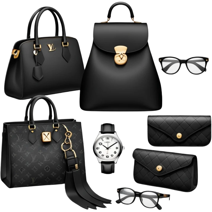 bags and watches, and glasses, all black and white put together like a bundle with no face, all luxury items like lv emoji