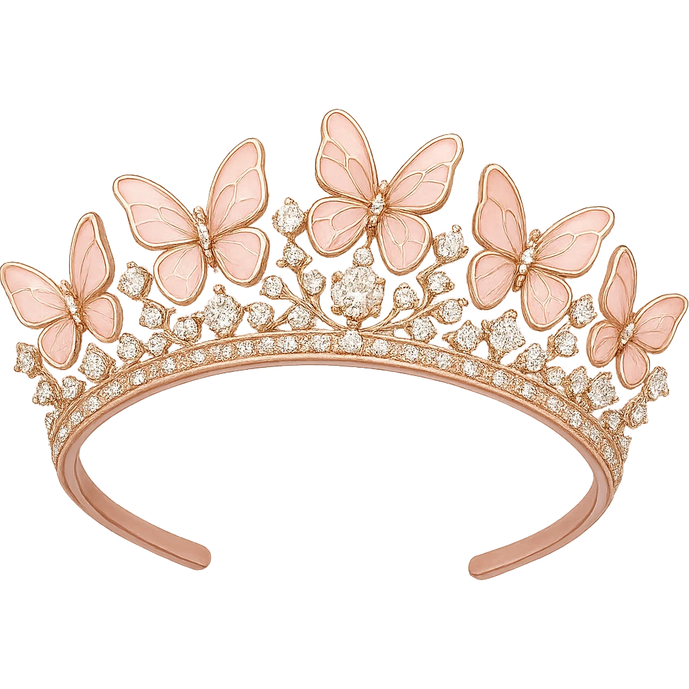butterfly crown with a rose-pink base, butterflies in pastel pink enamel, sparkling gems, transparent background emoji