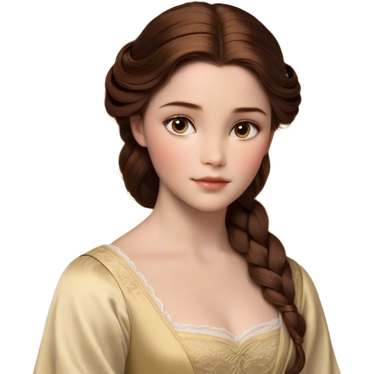 Cinematic Realistic Belle Portrait, depicted with lifelike skin texture, soft natural lighting, and intricately detailed brown hair styled elegantly. Her deep, expressive eyes exude warmth and intelligence, complemented by a serene and graceful expression. She is dressed in her classic attire, with rich fabric textures and delicate folds that catch the light beautifully. The portrait features a soft, enchanting glow with a natural, radiant finish, capturing the essence of timeless beauty in a realistic and painterly style, evoking a sense of depth and authenticity. emoji