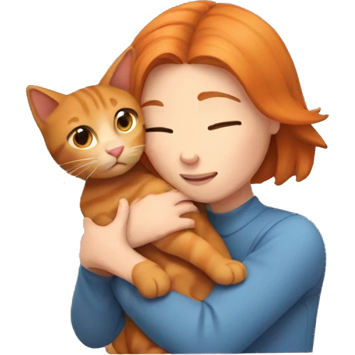 girl with bob hair hugging ginger cat emoji