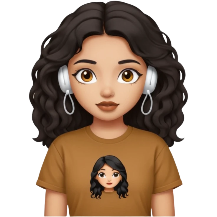 a pretty FAIR indian bratz girl with wavy long black hair, wearing an oversized brown tshirt,wearing airpods, eyeliner on emoji