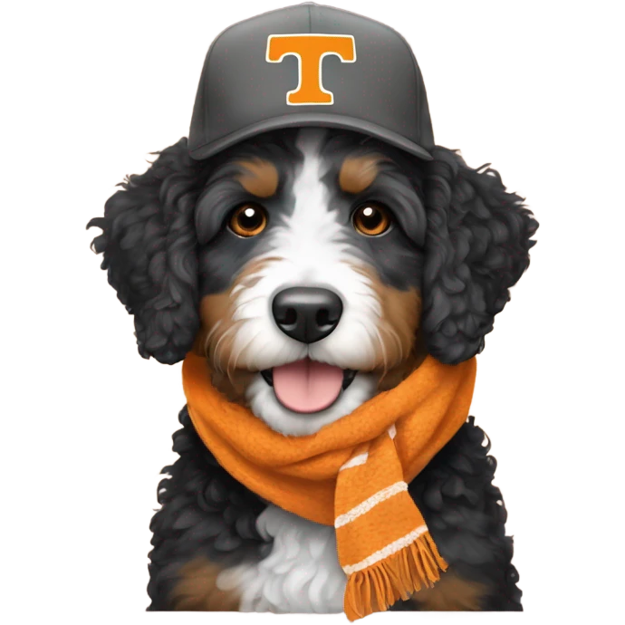 Bernedoodle with University of tennessee hat and scarf emoji