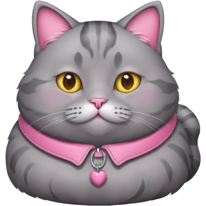 A fat grey cat with a pink collar emoji