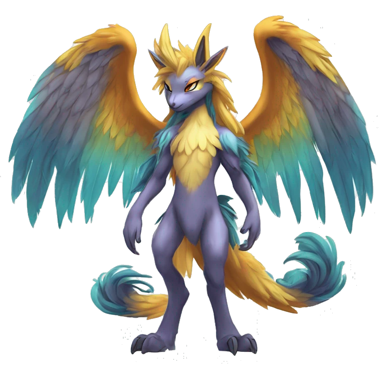 Anthro Sona Cool Edgy Cute Legendary Colorful Shy Winged Shiny Fakemon-Fantasy-Creature With Long Hair-Mane Full Body Detailed High Quality emoji