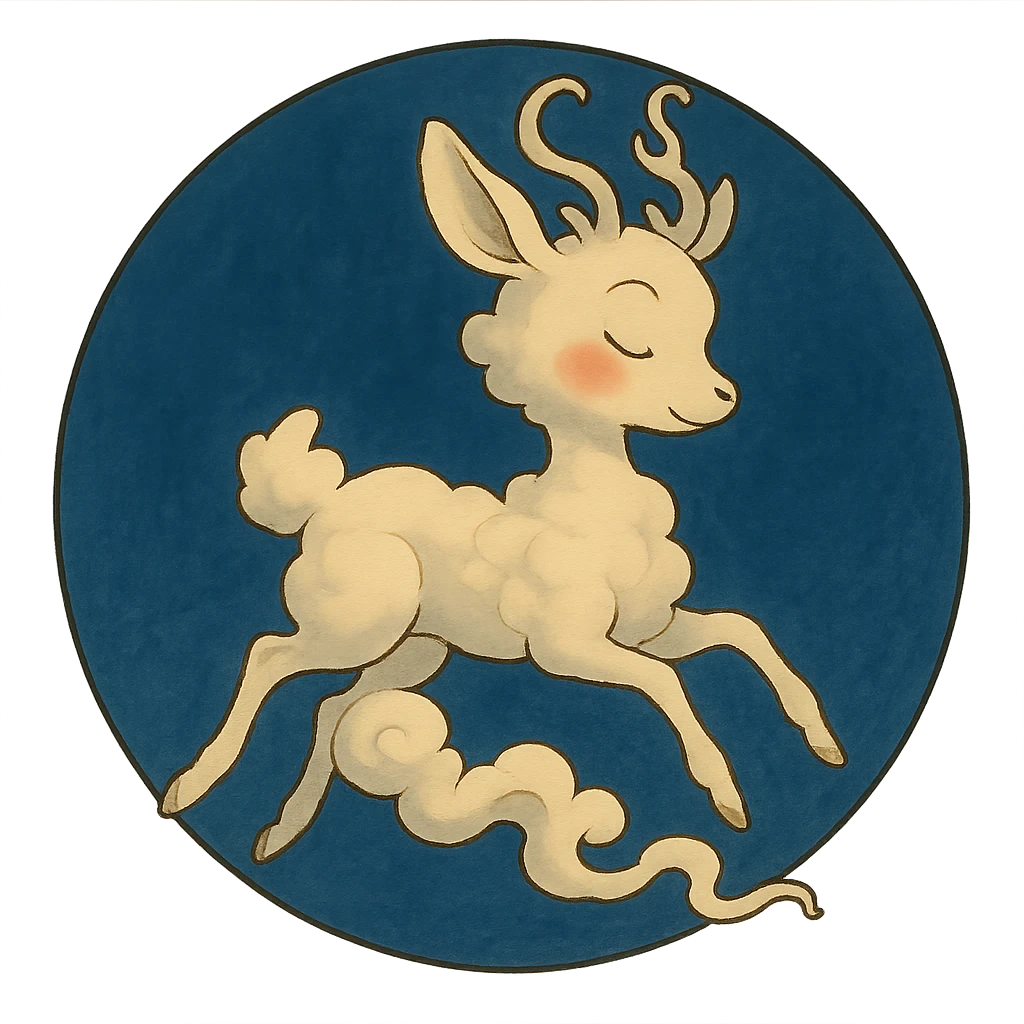 Create a Ghibli-style vanilla cloud doe with rosy cheeks, floating with witch-like grace, placed inside a circular badge for social media brand identity. Keep the background transparent outside the badge. emoji