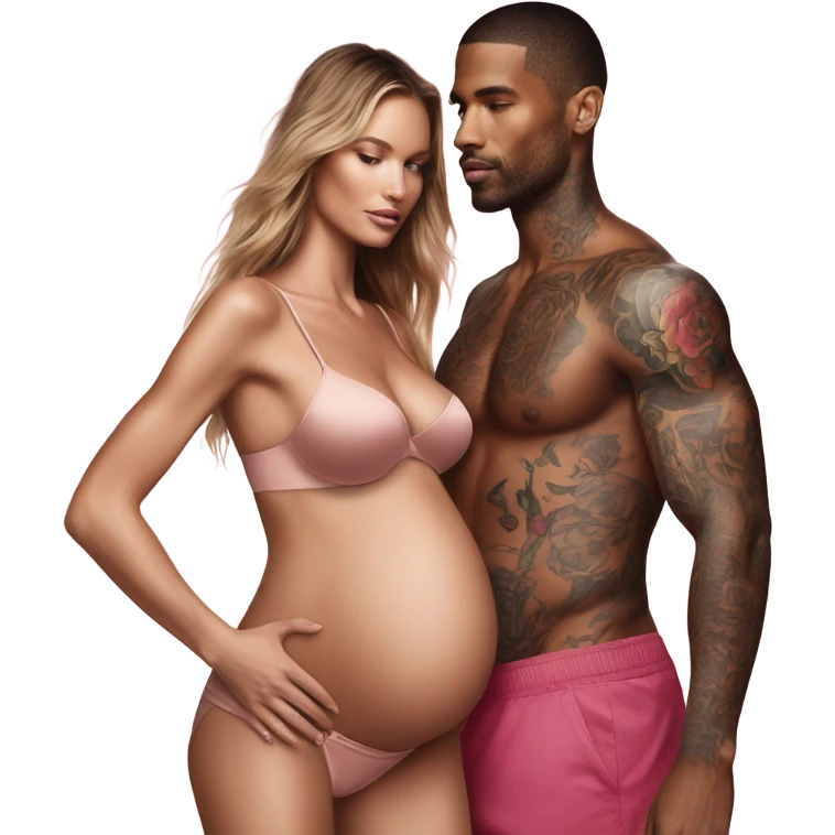 Photo of a Victoria secret model pregnant Standing next to a tattooed male model  emoji