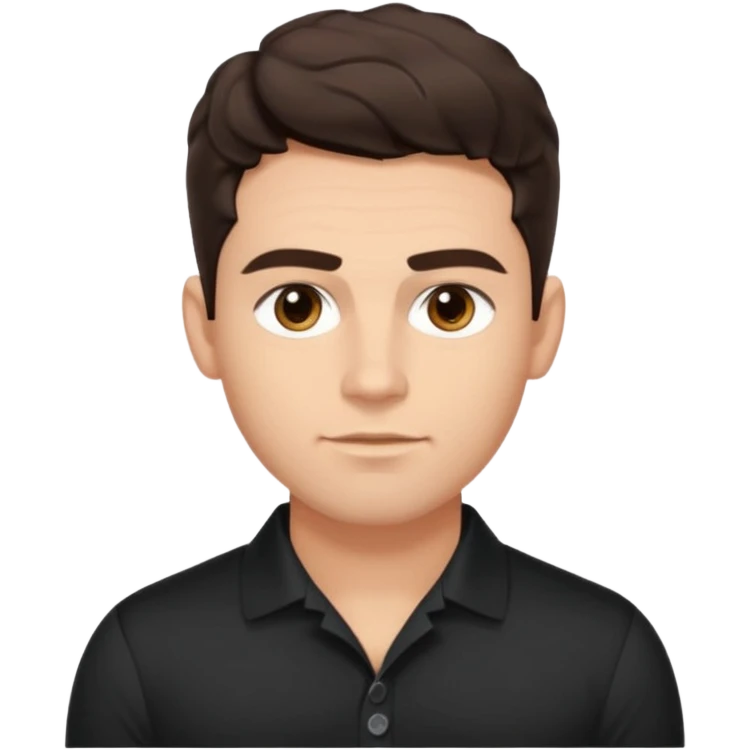 He’s a man with light to medium skin, a defined oval face, full brows, deep-set eyes, and wavy short dark brown tall hair styled with height, sides are trimmed. muscular. expression calm and focused relaxed black black button shirt open collar. polished, articulate, and coach vibe. tall hair tall  emoji