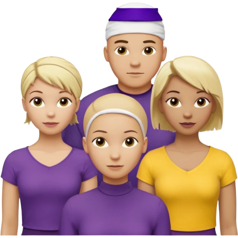 5 person team; 2 men and 3 women.  All dressed in yellow or purple.  1 caucasian woman with blonde mid length hair. 1 caucasian woman with blonde short length hair. 1 caucasian woman has ash blonde hair tied up. 1 man is African-american and bald, 1 man is caucasian and very little hair left.  
 emoji