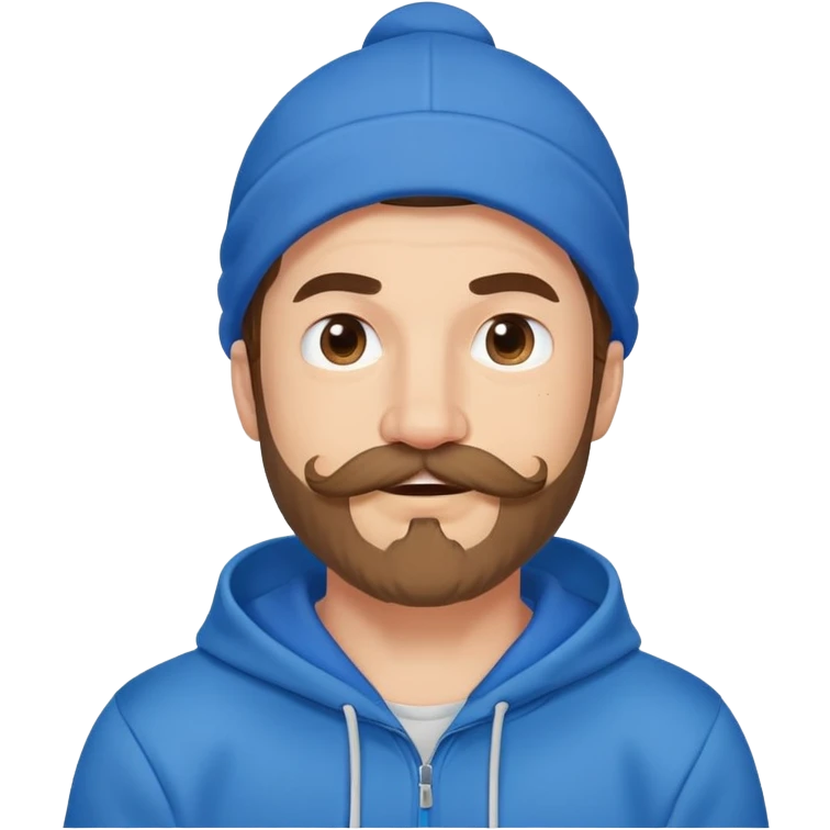 Mr. Beast wearing a blue hoodie, mustache and beard, winking playfully emoji
