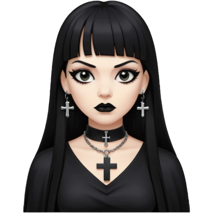 vampira parda com cabelo preto longo e liso e franja, olhos pretos, brincos em formato de cruz, choker em formato de cruz, roupa preta com decote nos seios, batom preto e séria emoji