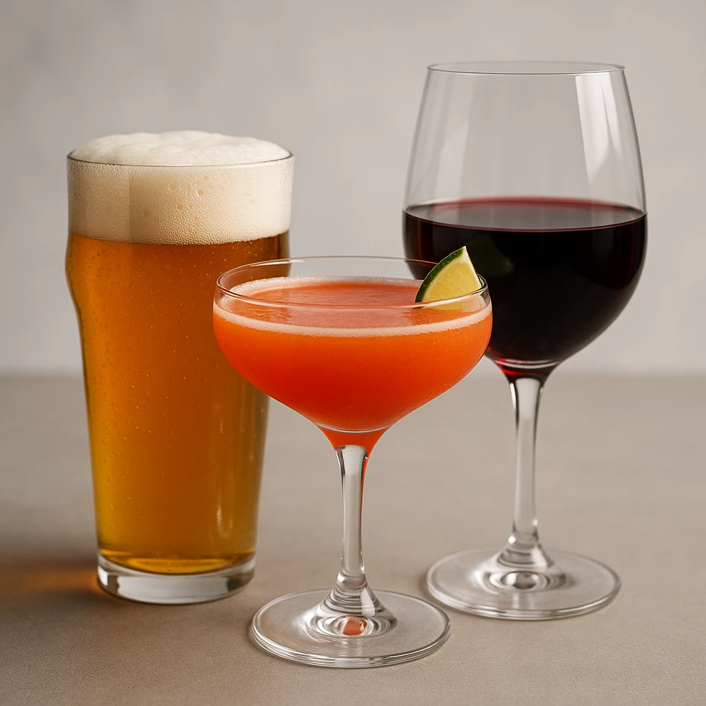 group of three glasses: beer, cocktail, and wine glass together emoji