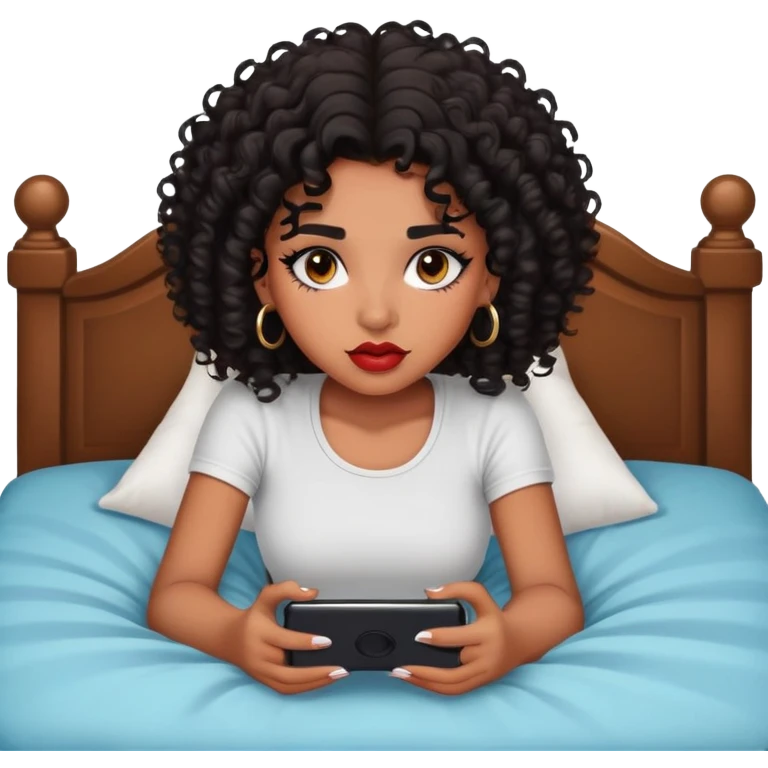 Brown-skinned teenage girl with curly black hair lying on bed looking at phone, heavy makeup, big lips, crop top, choni style emoji