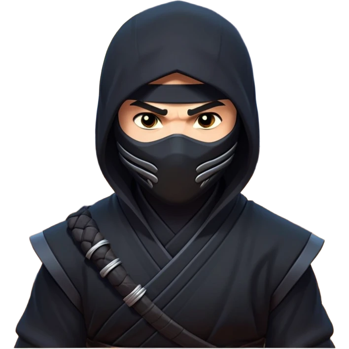 clash-of-clans-aesthetic_-cinematic-mysterious-male-ninja-portrait-emoji, rendered in a flat, vector-style with minimal shading and bold, simplified shapes, with a head slightly turned revealing intense, focused eyes, perched crouched next to an agile trained panther with glossy fur moving silently through shadowed urban rooftops and moonlit alleyways. emoji