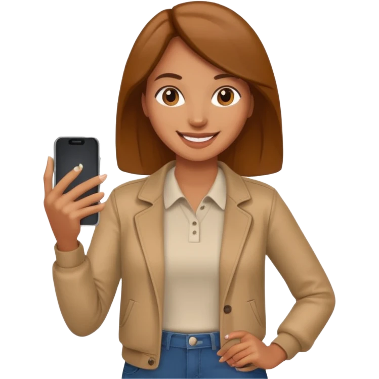 woman casual clothes holding a phone in one hand emoji
