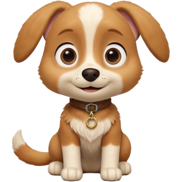 Boots the dog from Puss in Boots, Pixar / DreamWorks-style 3D render; cute, small dog with big round expressive eyes, floppy ears, and a sweet innocent smile; soft light-brown and cream fur with gentle texture; playful, loyal personality; polished animated-film quality;  emoji