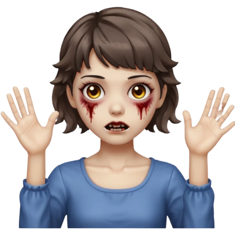 Cabelo ondulado  um pouco cheio e franja curta  Olhos marrons e pequenos e feita d ezumbi mais bonita com cabelo amarro na e com as mãos assim tipo assim🧟‍♀️ emoji