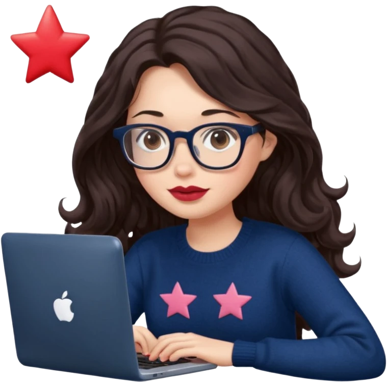 a white young woman with very long wavy dark brown/chocolate hair typing in a computer. she's using glasses, her lips are light red and her cheeks slightly pink. Her eyes are dark brown. She's using a dark blue knit sweater that has a tiny star in the middle   emoji