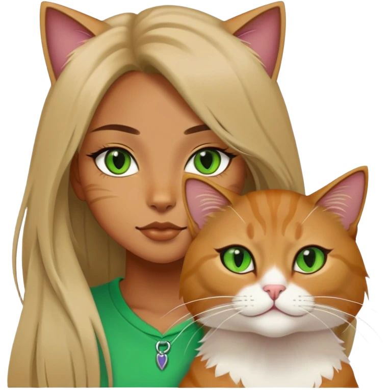 a cool girl and a long hair jinjila cat, cat’s eyes are green emoji