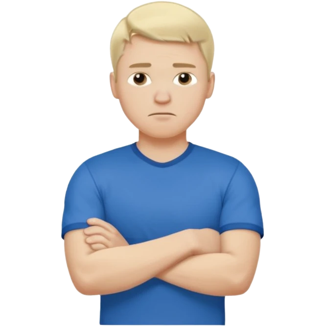 Pale blond man in blue football t shirt crossed arms showing that he is cold emoji
