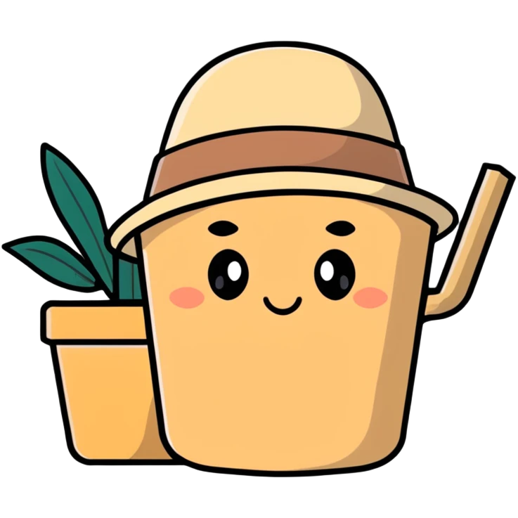 beige aesthetic coffee cup, journal, plant pot, and straw hat emoji