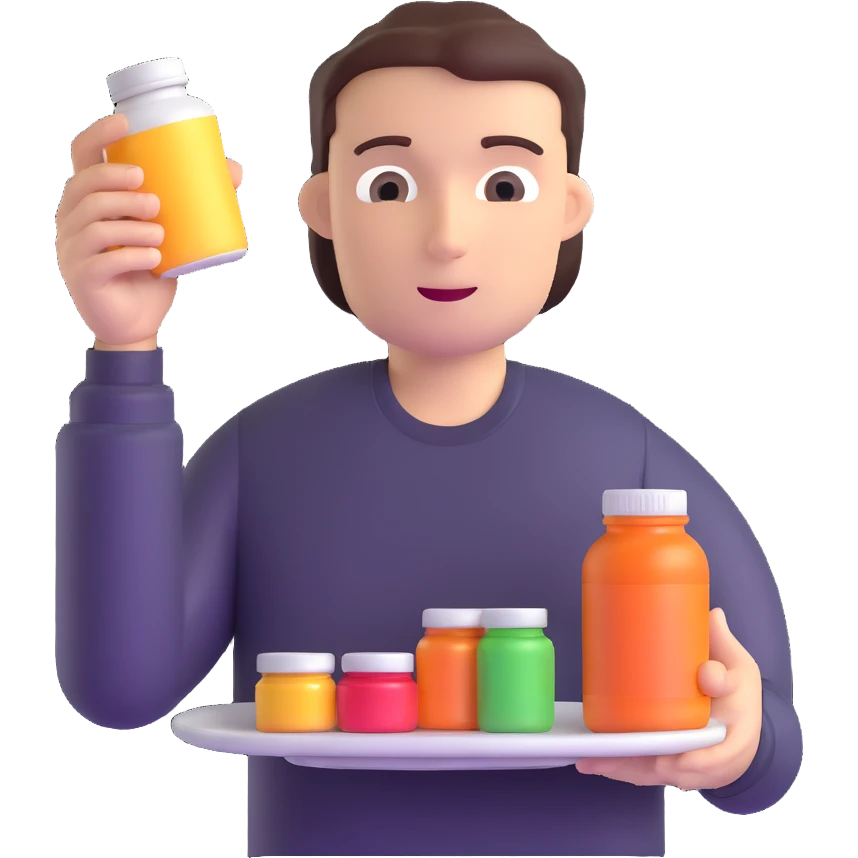 person holding a supplement bottle and looking at an empty plate emoji