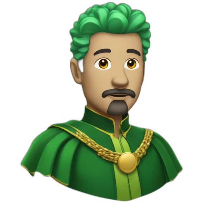 man with green hair green suit and large green top with gold strip hat goatee green cape emoji