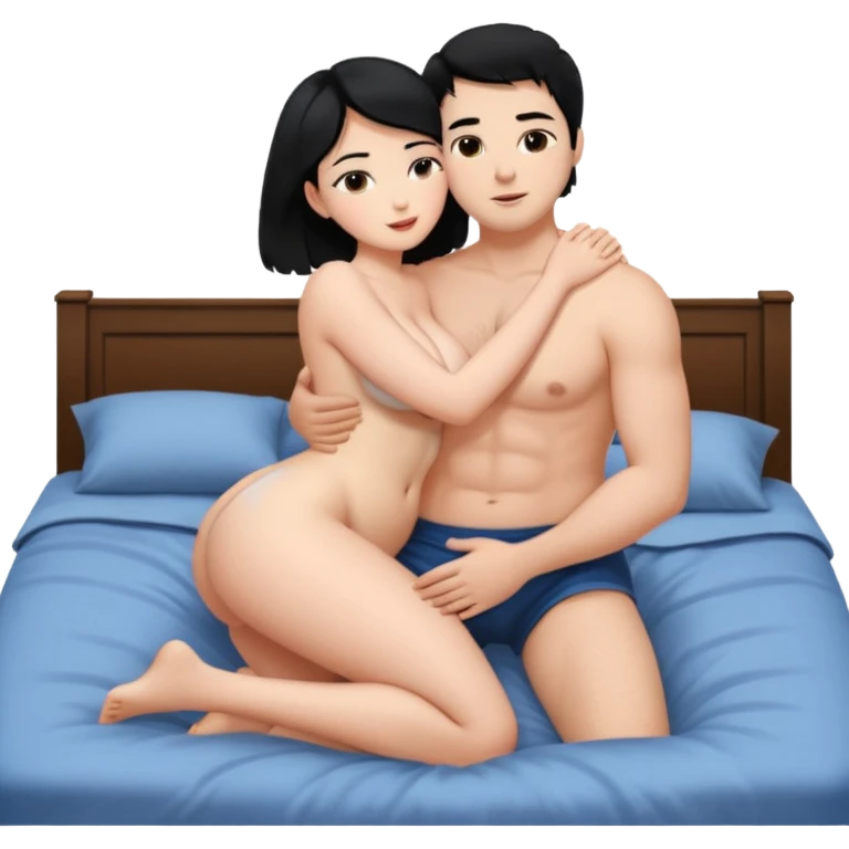 Девушка и мужчина голые лежат на кравати в обнимку, она большие сиски, большая жопа, черные волосы. Он средного телосложения, короткие волосы. Они голые целуется. Видны все тело emoji