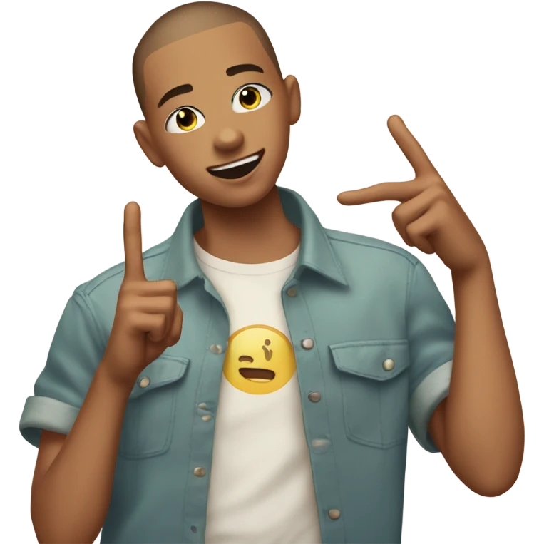 Gay boy with buzz cut and crop shirt on throwing up peace signs with his hands emoji