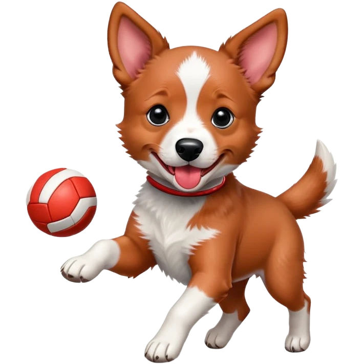 Playful red heeler puppy with tongue out, running with a ball emoji