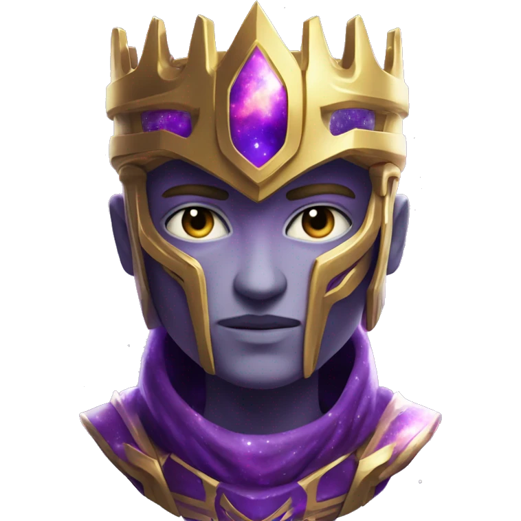 white eyes purple galaxy skin galaxy god king with golden detailed armor emoji