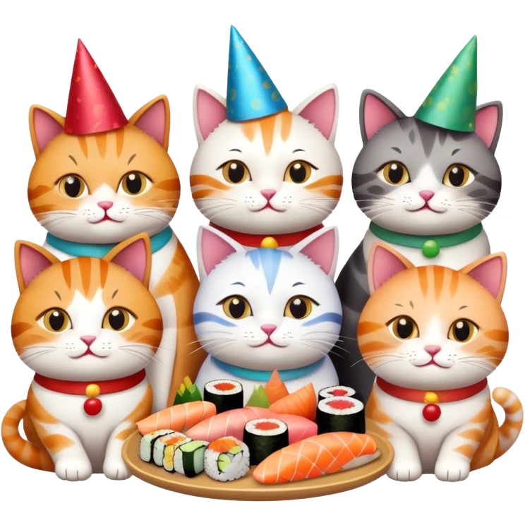 nine cats eating sushi at a birthday party emoji