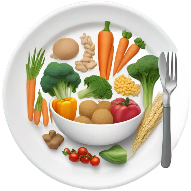 round white plate with healthy food emoji