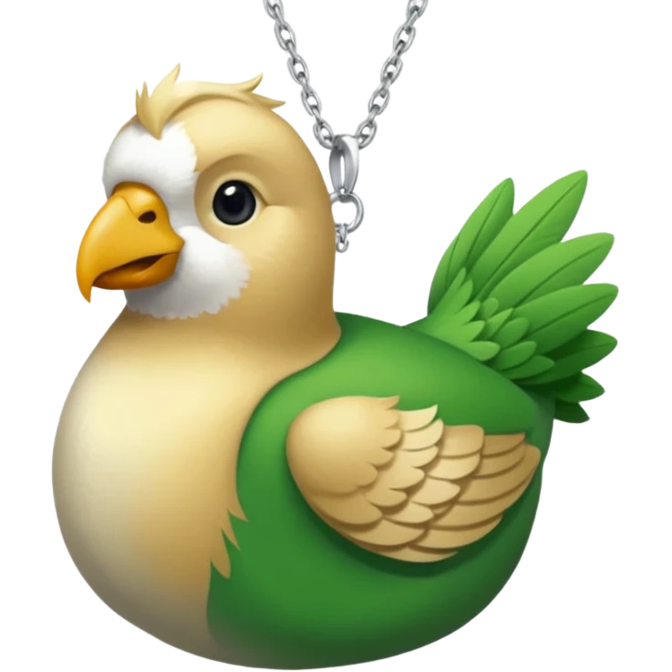 un oiseau classique de profil tout vert avec un collier autour de son cou avec des breloque argentées et un seul poil blond qui fait une petite bouclette sur le front le collier est autour du coup de l’oiseau entre la tête et le corps emoji