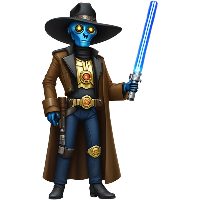 mean bounty hunter tarnished undercover tough well-equipped Jedi  life-sized darkblue-pearl C3po leather vest clothing pants and vest old west duster coat holding light saber sheriff holstered gun hat emoji