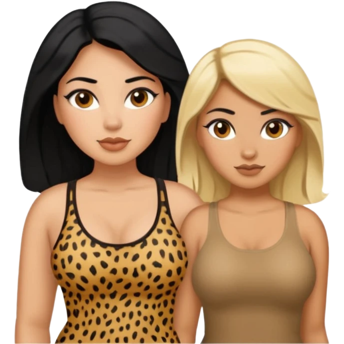 Latina woman with black hair chubby and black woman with blonde hair slim thick in cheetah top sexy emoji