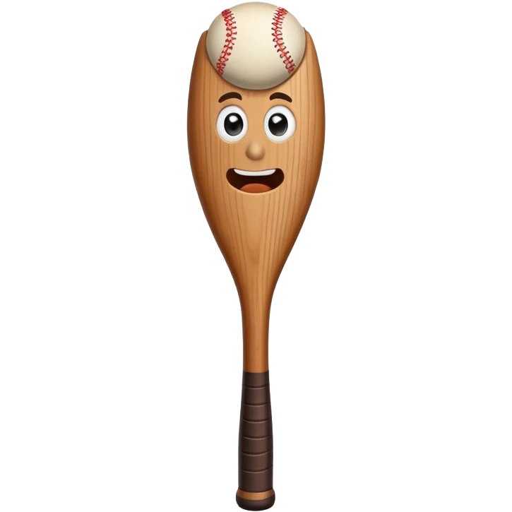 Brown wooden baseball bat character with a tiny surprised face emoji