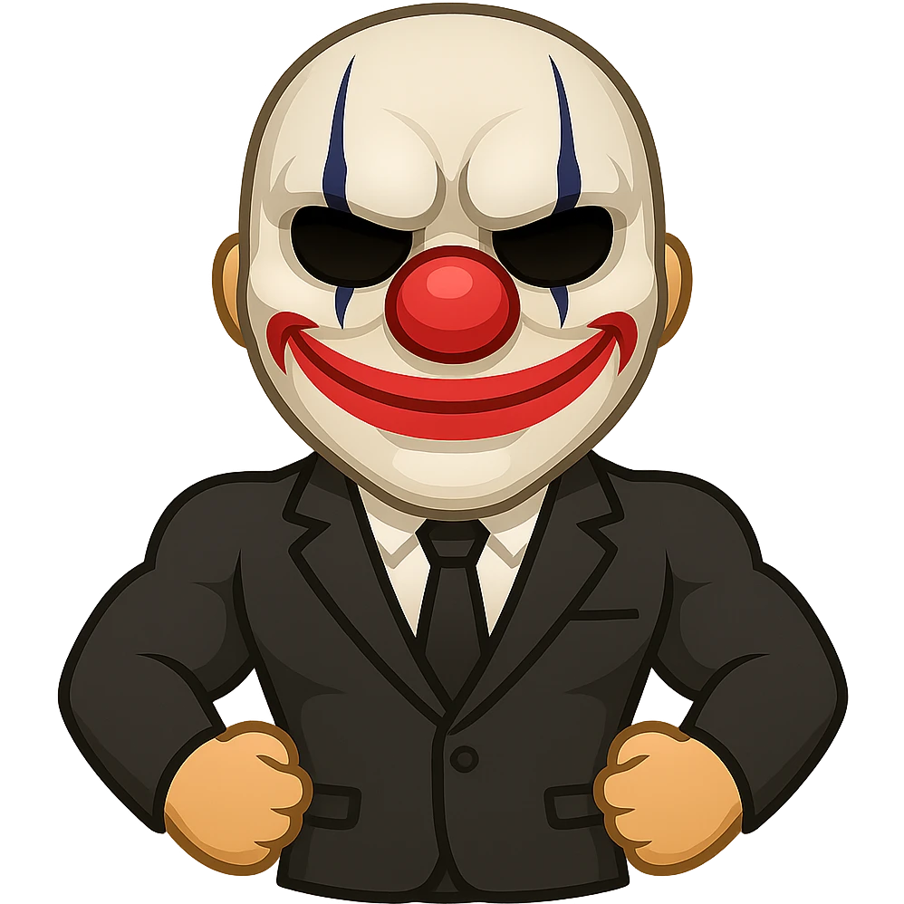 Create an emoji style character of Chains from Payday: The Heist. Match the mask and suit from the reference image, showing a confident stance and muscular build. The style should resemble emoji aesthetics. emoji