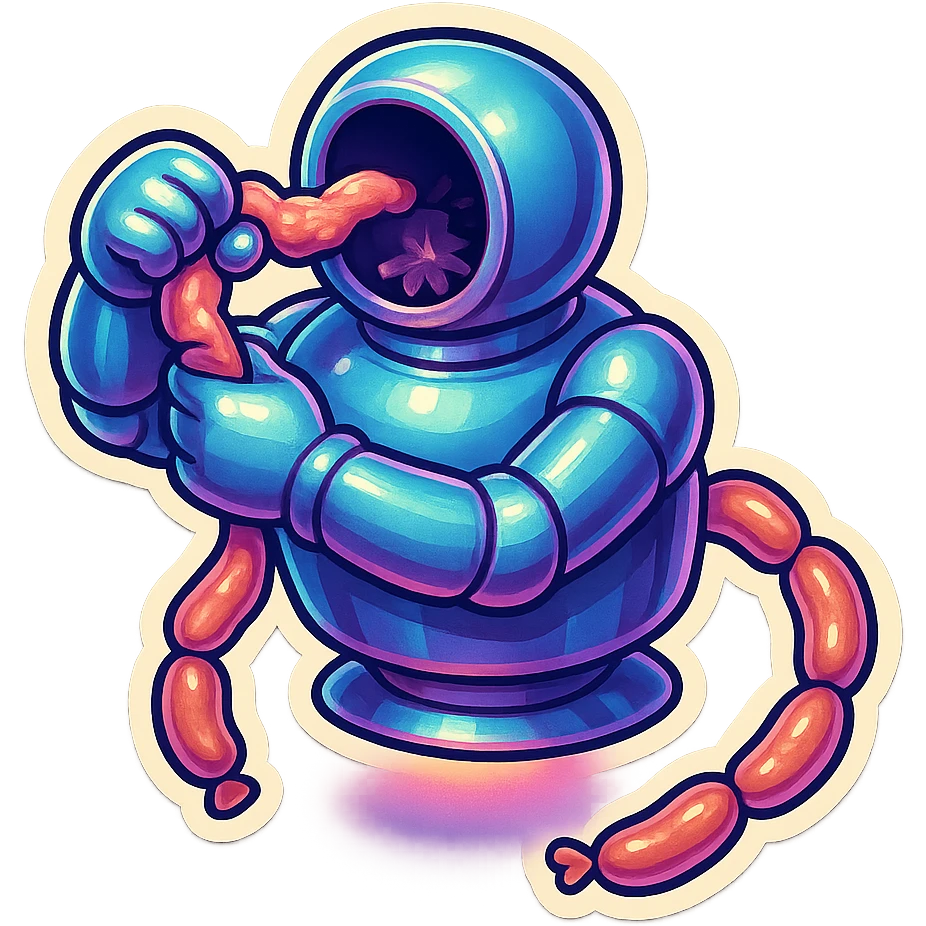 hovering robot. stuffs material into large hole on its top with 2 arms. no head. hole is where a head would be. spinning gears and blades in hole grind material. sausage links come our of hole on backside.  3/4 view. between realism and cartoon. well lit. no dramatic lighting. metallic shiny robot. works diligently. dark humor emoji