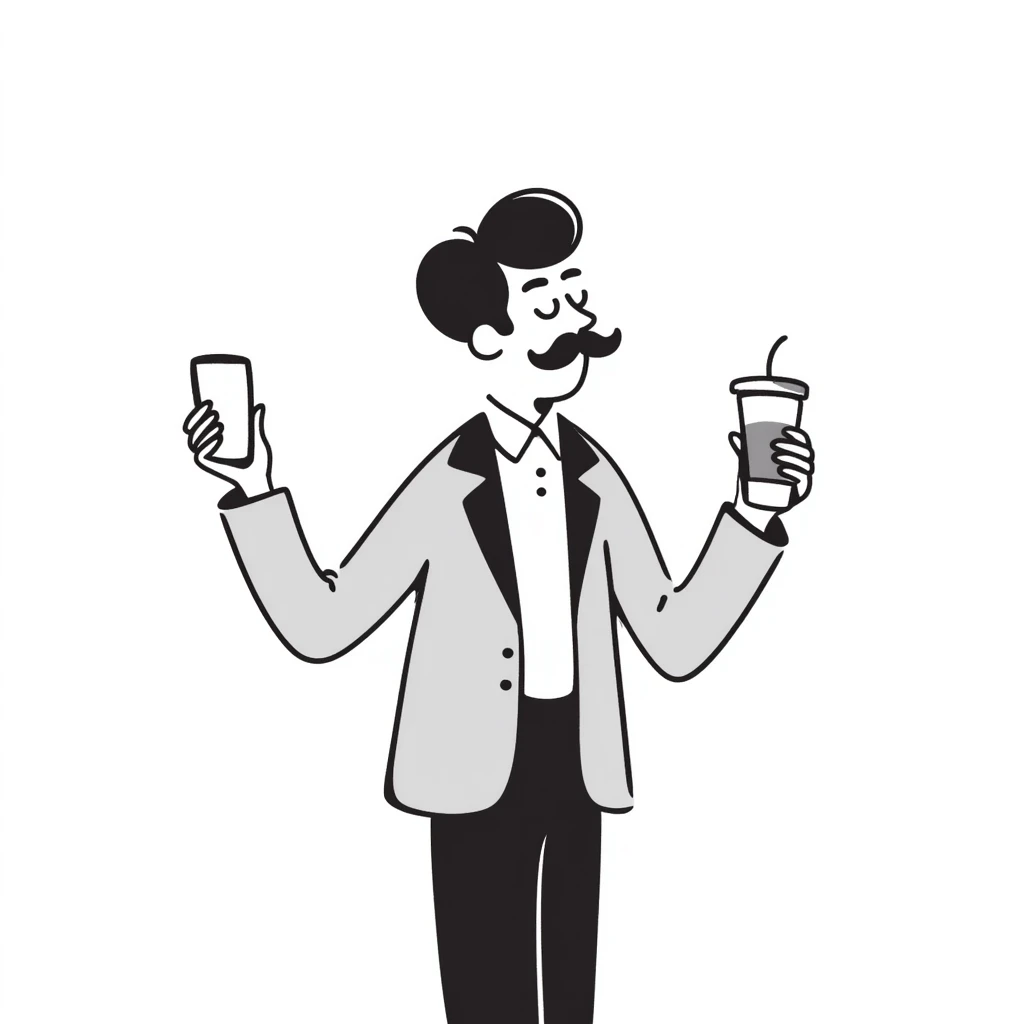 Wall Street finance bro with ridiculous oversized mustache, wearing expensive suit, holding phone and coffee emoji